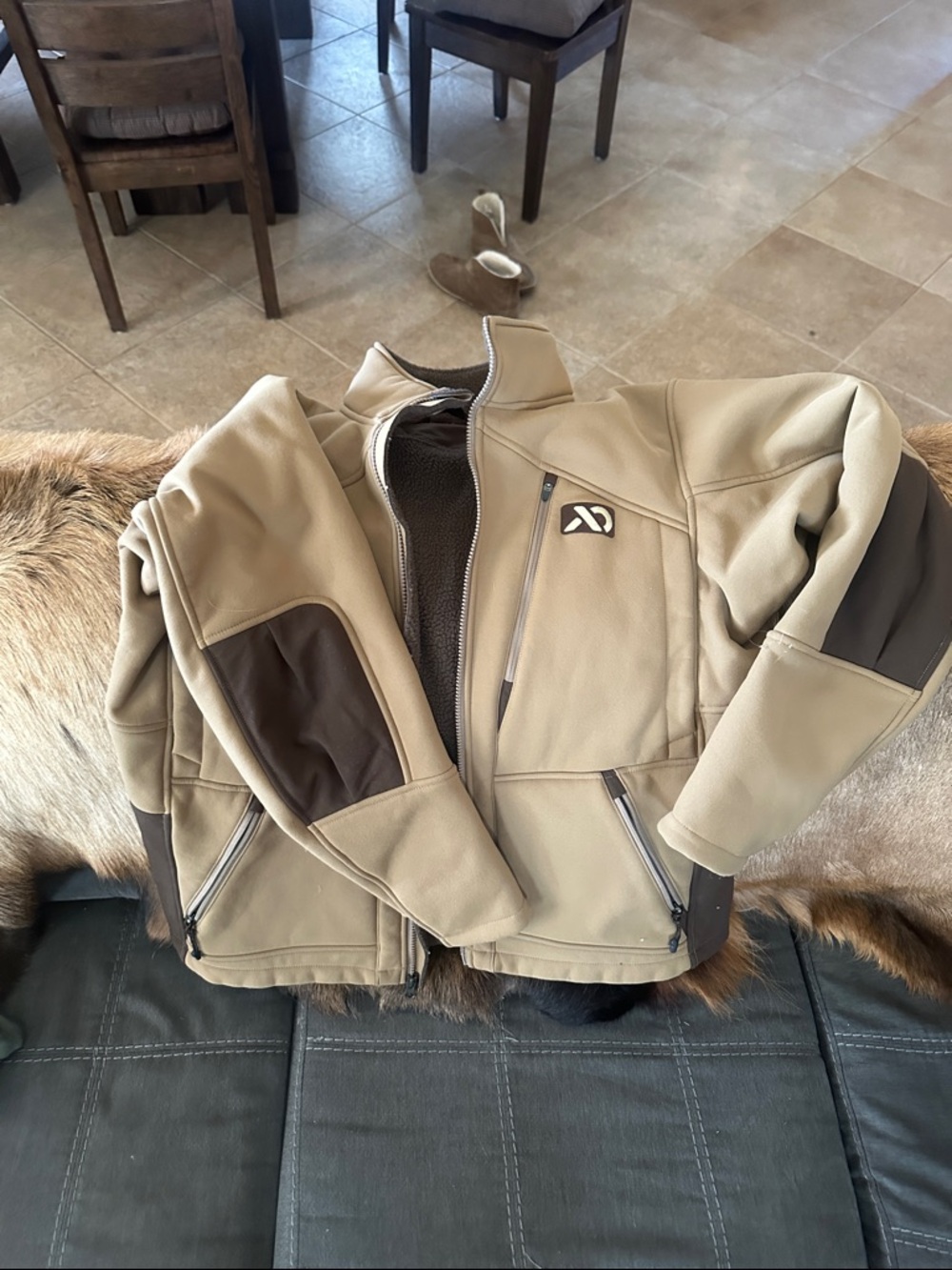 First Lite Men's Tan Performance Softshell Jacket with Dark Contrast Panels